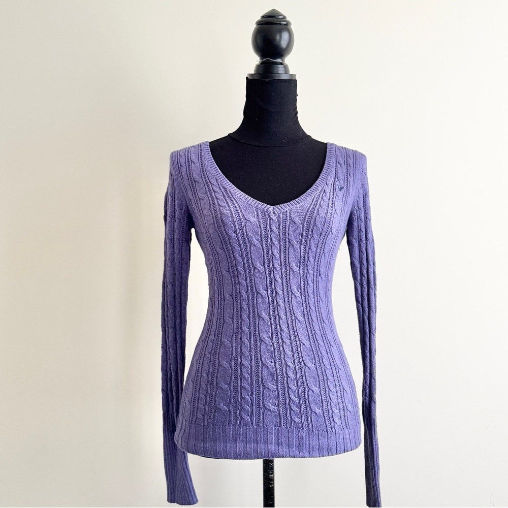 Vintage American Eagle y2k 2000s Cable Knit V-Neck Sweater Purple wool cotton